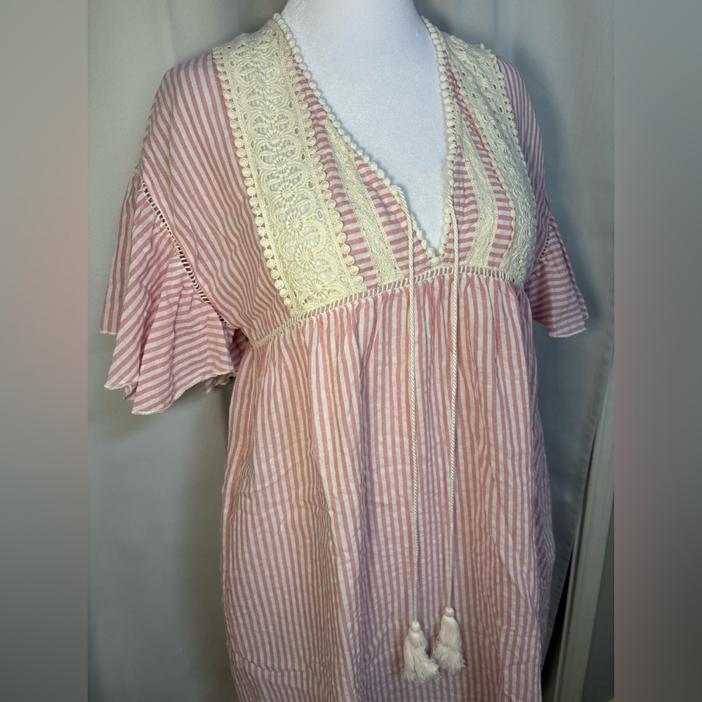 GIGIO Pink Stripe 100% Cotton Dress Lace Trim Boho Cottagecore Babydoll - Picture 6 of 7